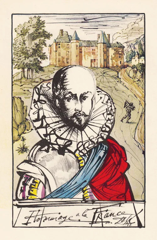 Portrait de Montaigne par Salvador Dalí devant son château